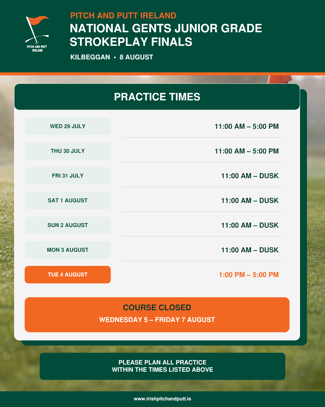 National Gents Junior Grade Practice Times - Kilbeggan