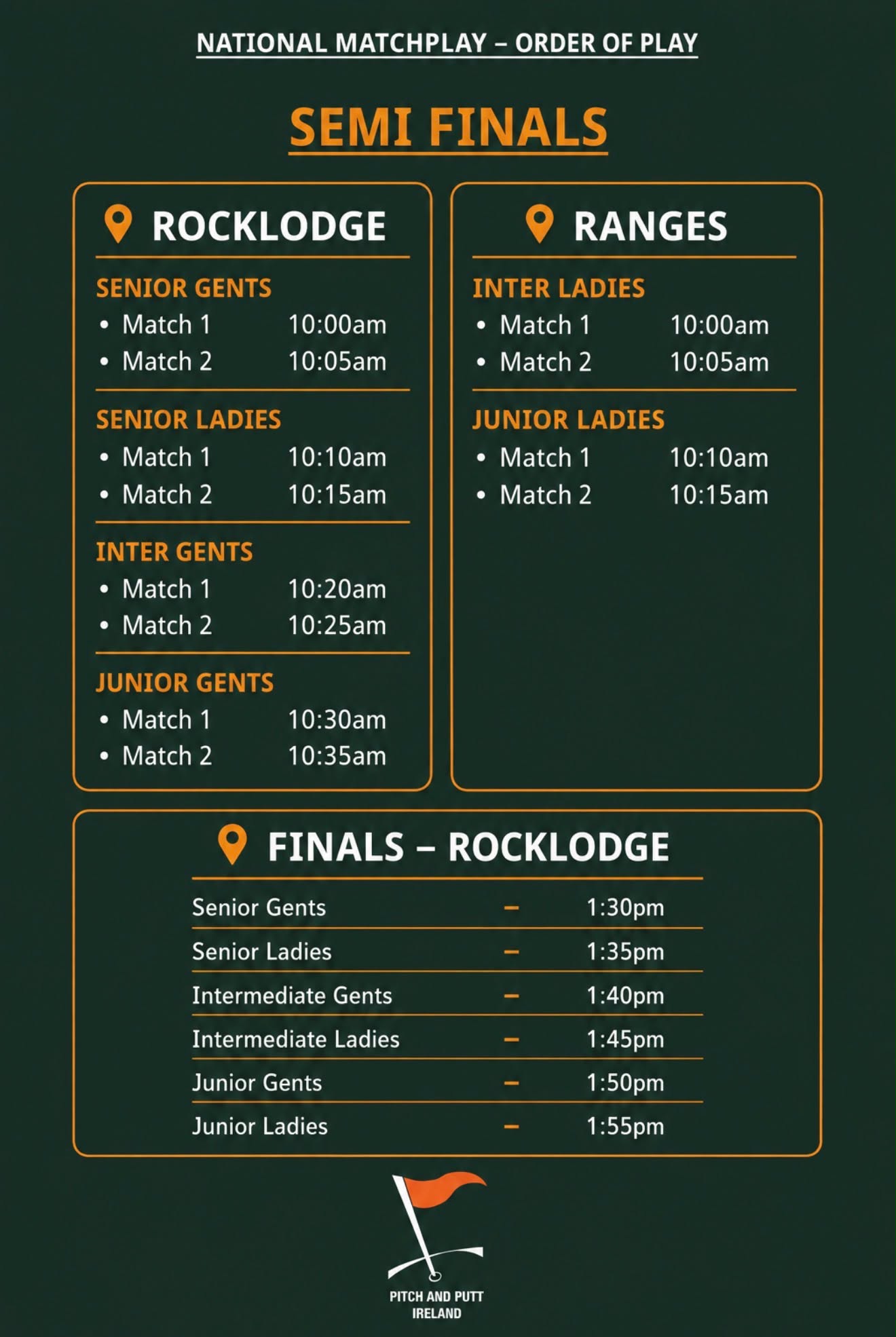 National Matchplay times of play Monday 1st June.