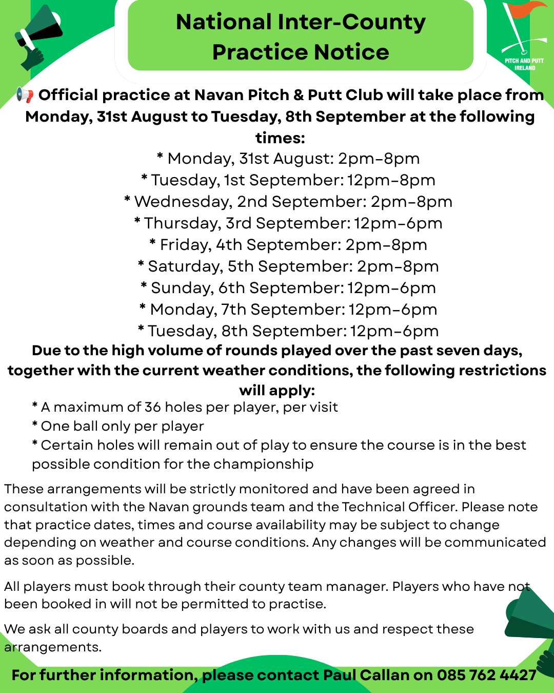 2026 National Intercounty Practice Times
